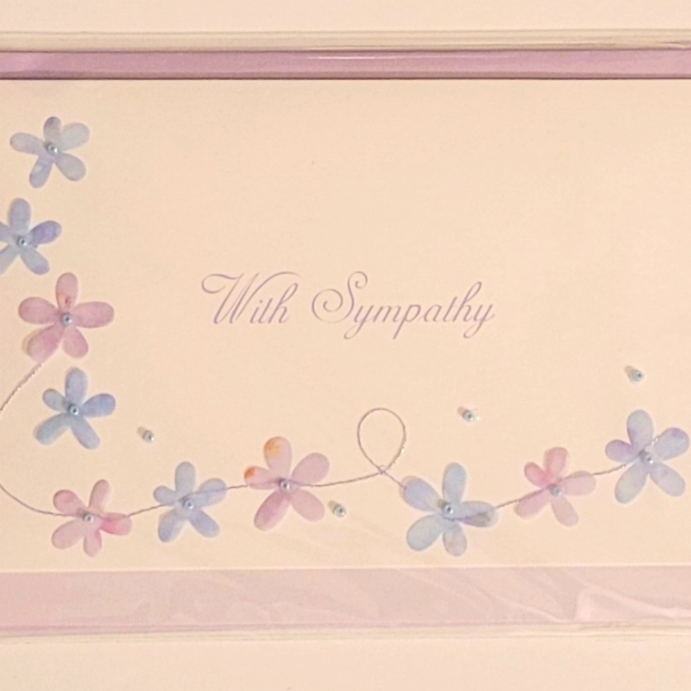 WITH SYMPATHY GREETING CARD purple blue flowers